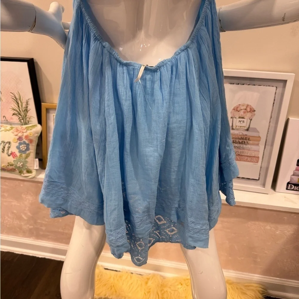 NWOT  FREE PEOPLE LACE COTTON BABY DOLL STRAPLESS BACK TIE MINI DRESS SIZE L
